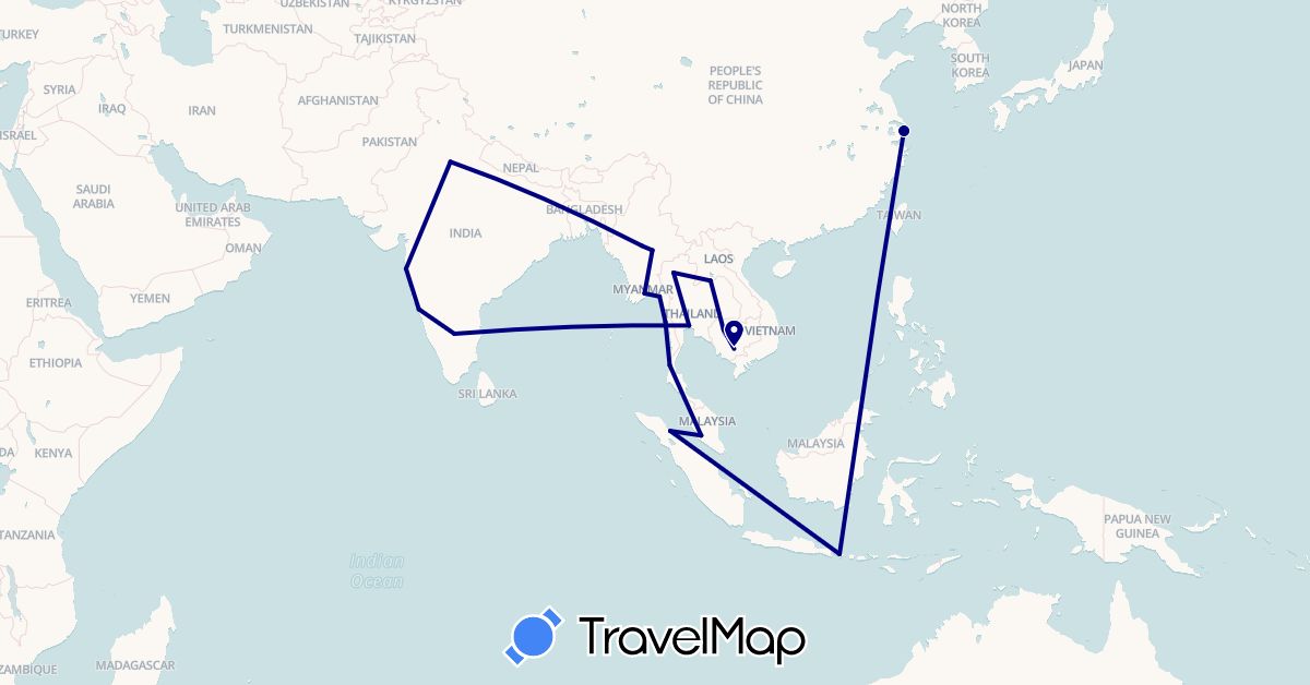 TravelMap itinerary: driving in China, Indonesia, India, Cambodia, Laos, Myanmar (Burma), Malaysia, Thailand (Asia)